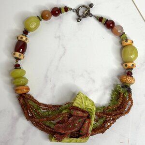 Amy Kahn Russell Frog Necklace - Artisan Beaded Multi-Stone Statement Jewelry